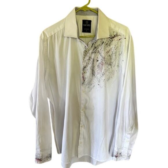 Marcello Paint Splatter Dress Shirt – XL White Long Sleeve Abstract Front Cuffs - Picture 1 of 6